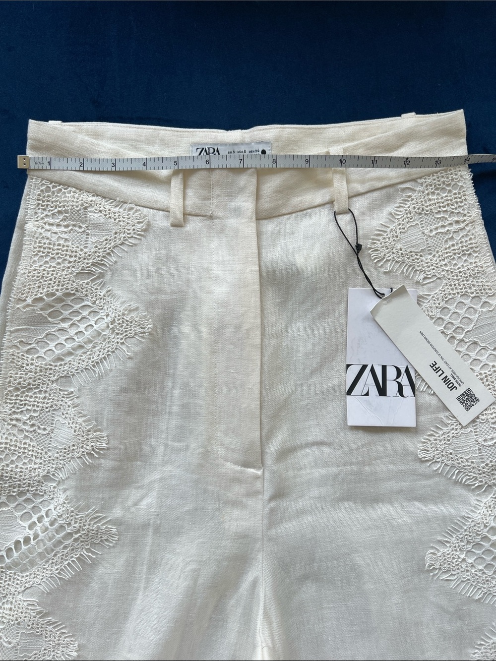 Zara Cream Embroidered European Linen Wide Leg Trousers - Picture 9 of 9